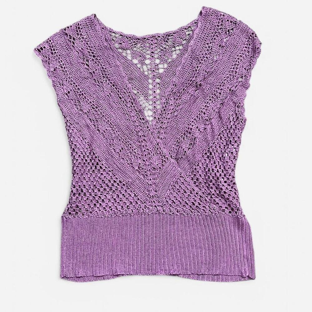 VTG Light Purple Slinky Open Crochet Knit Boho Fairycore Layering Wrap Top L/XL